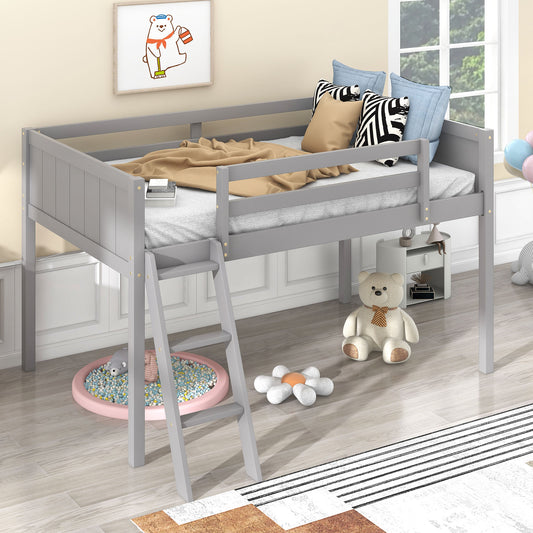 Gray wooden loft bed with safety rails and ladder