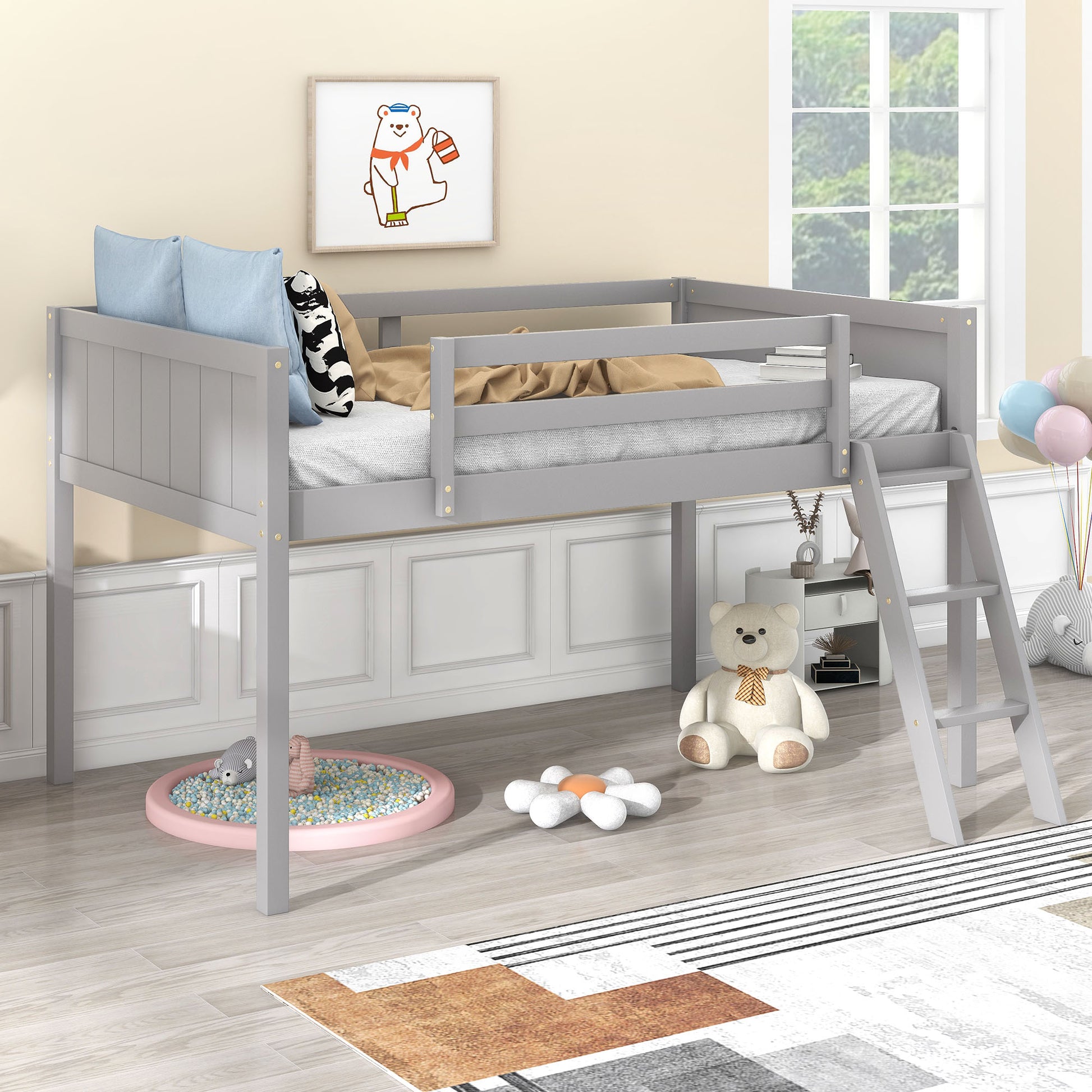 Gray loft bed with ladder wooden frame and safety rails for kids