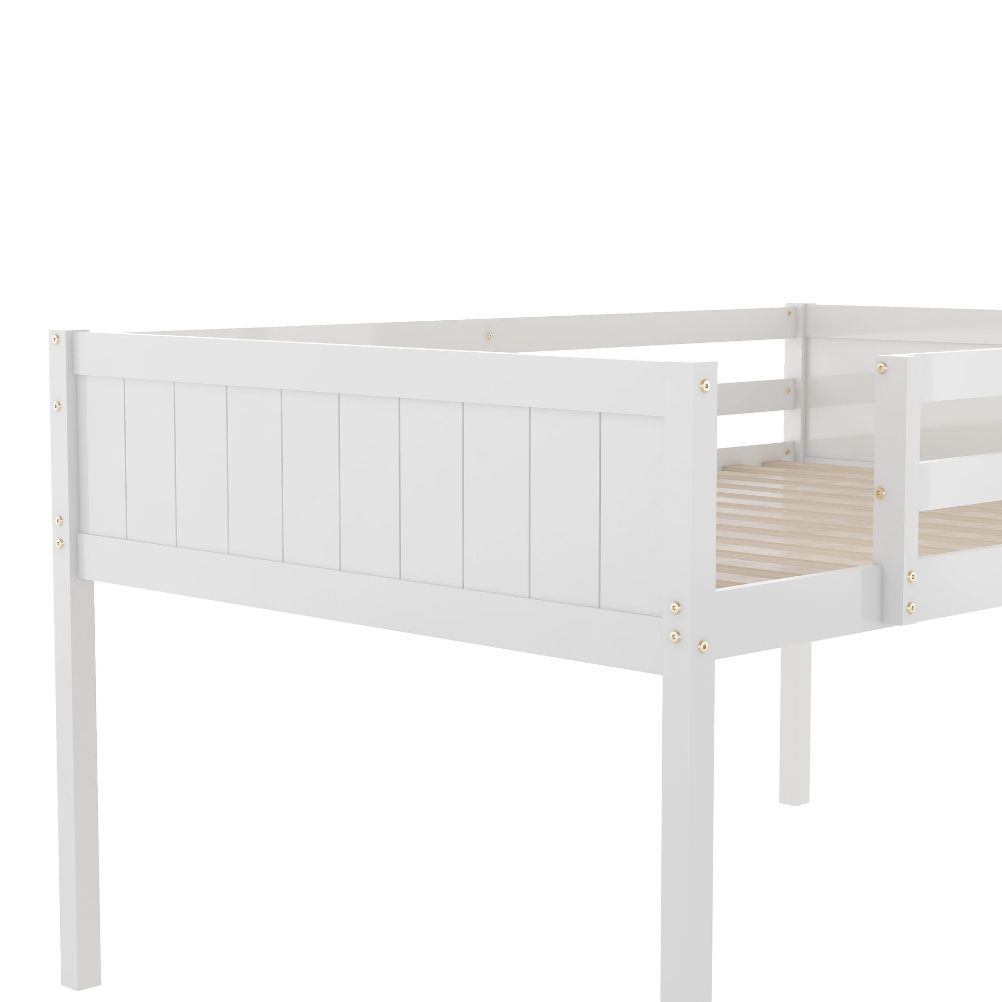White wooden loft bed frame with slatted base and vertical paneled headboard