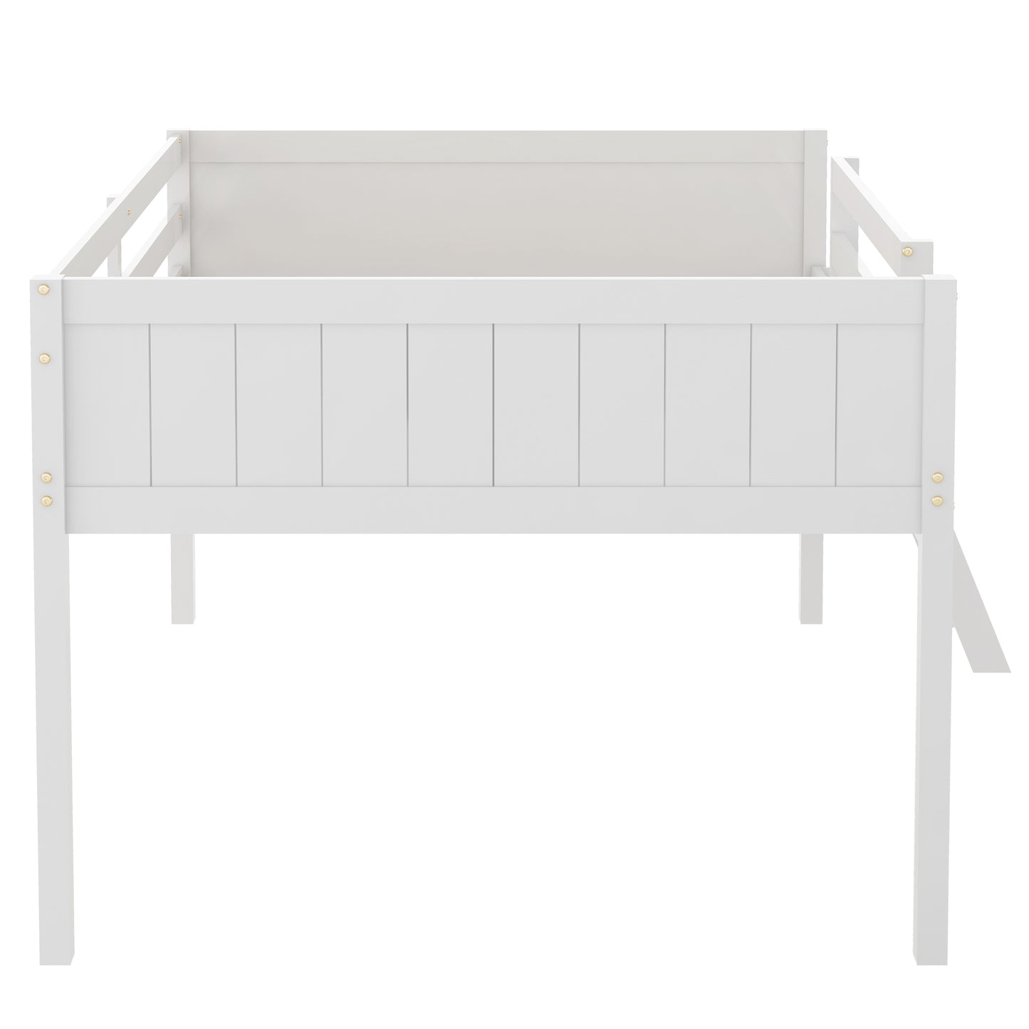 White twin bed frame with slatted headboard and footboard detail