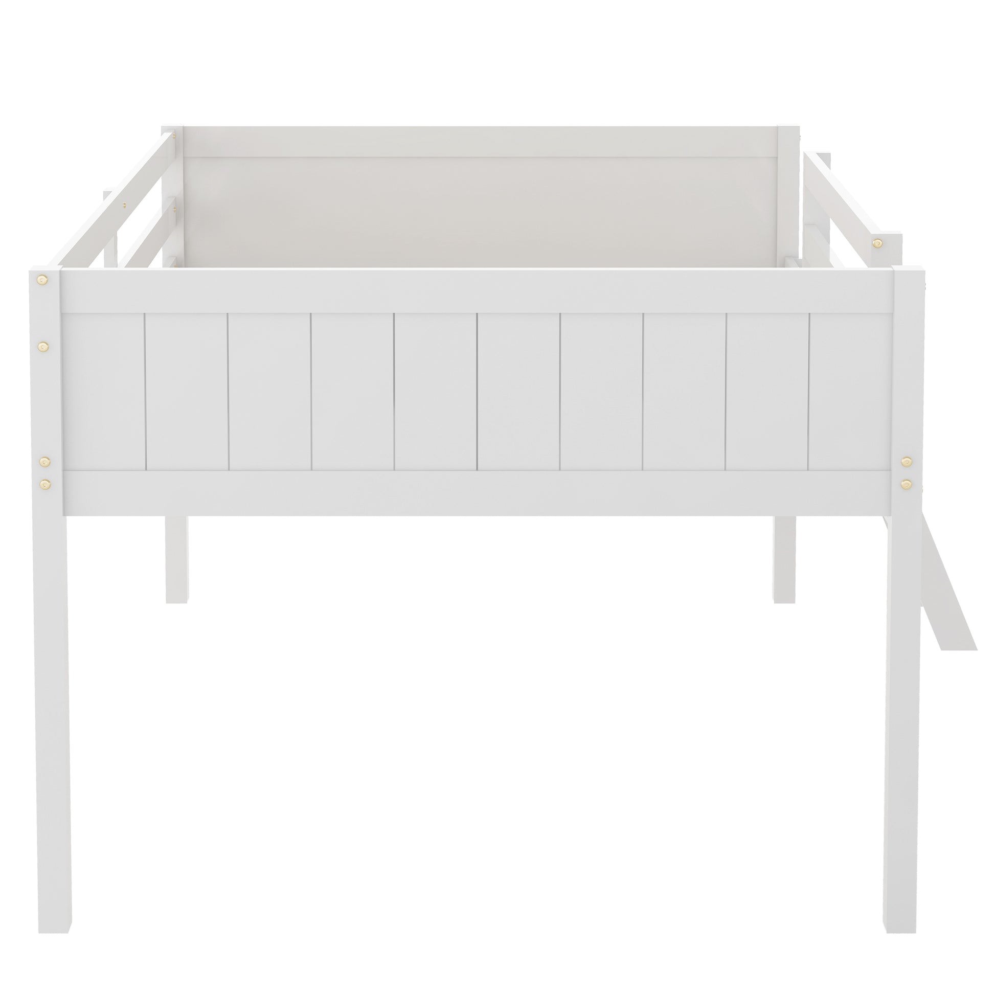 White twin bed frame with slatted headboard and footboard detail