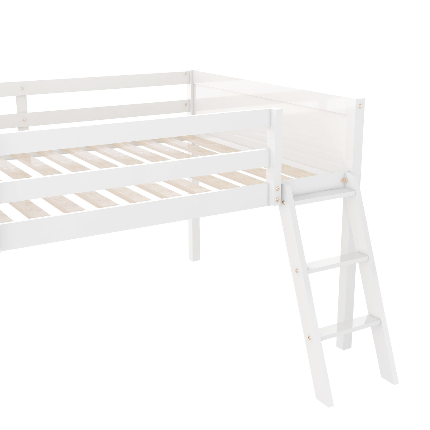 White wooden loft bed frame with integrated ladder