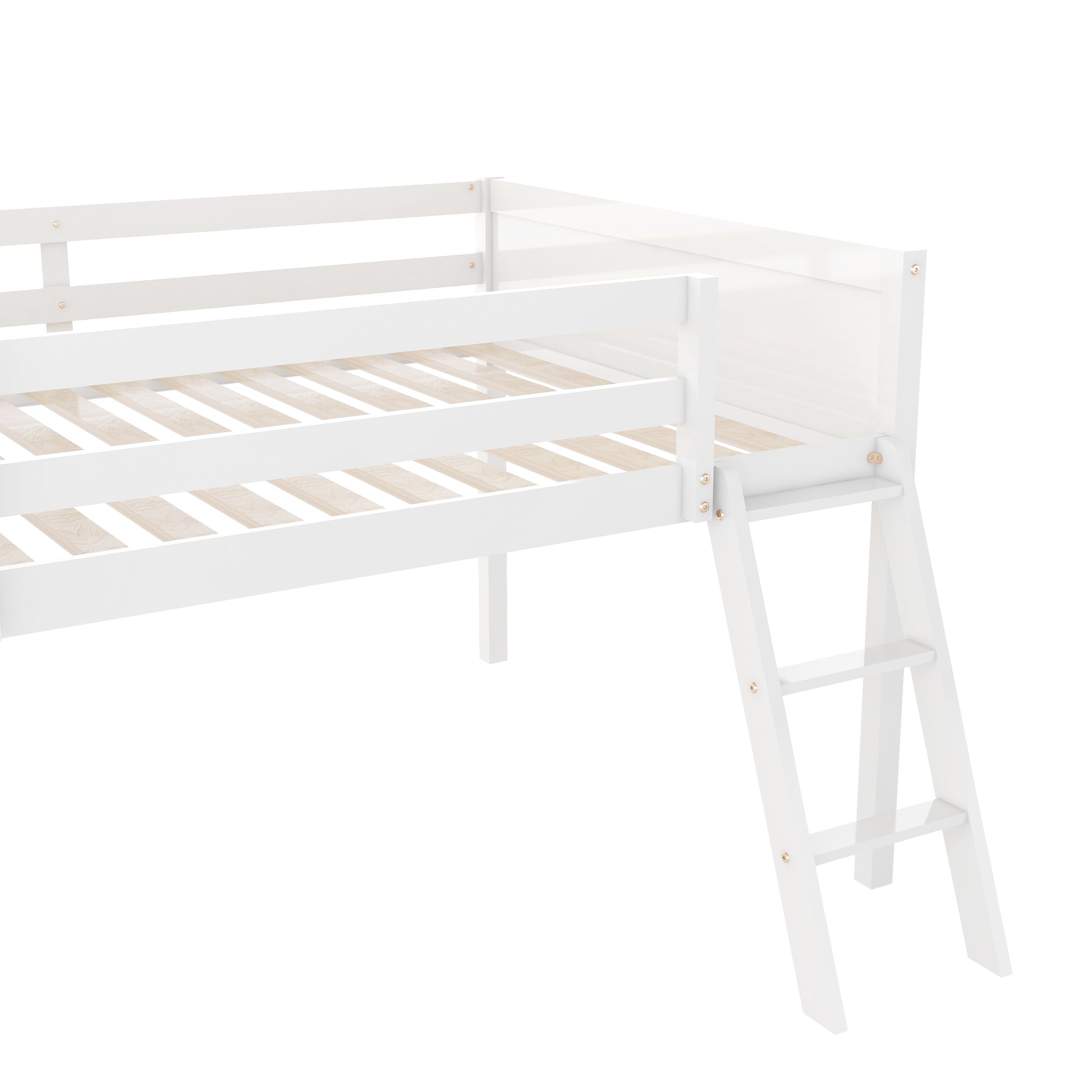 White wooden loft bed frame with integrated ladder