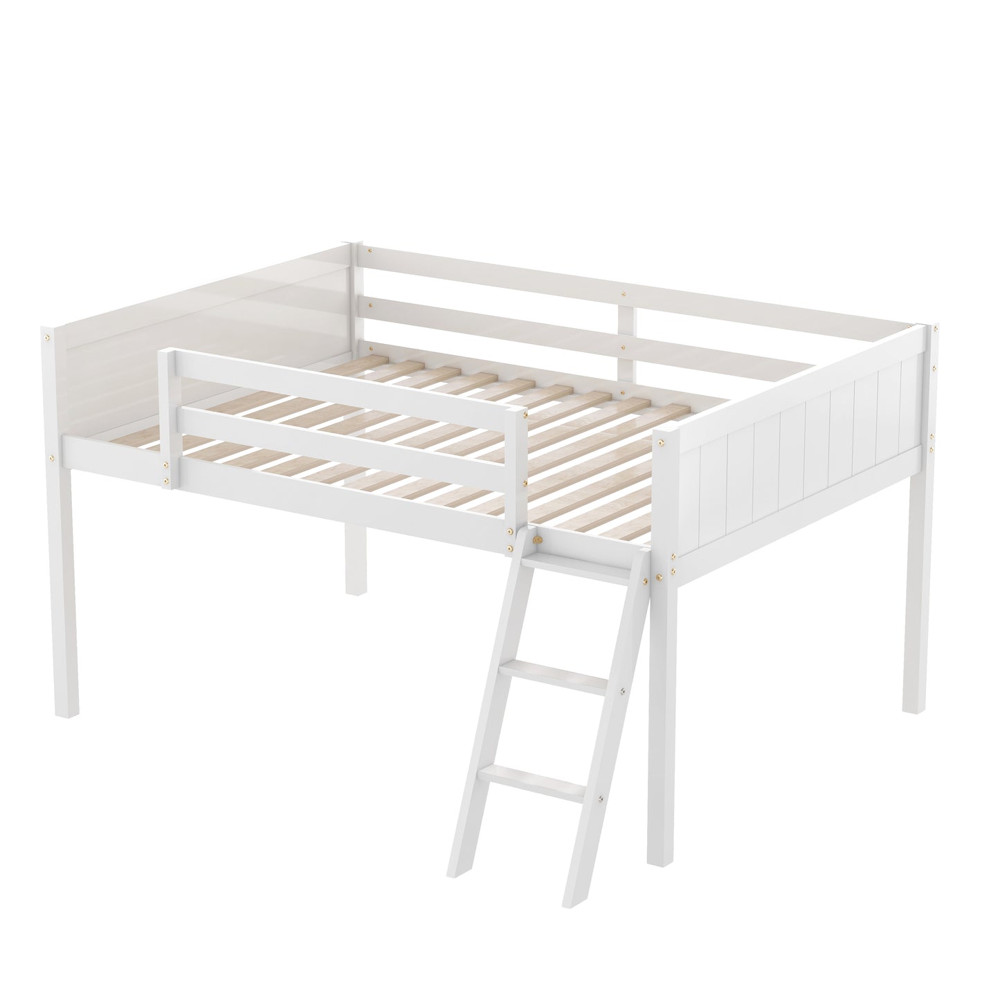 White wooden loft bed frame with ladder for kids