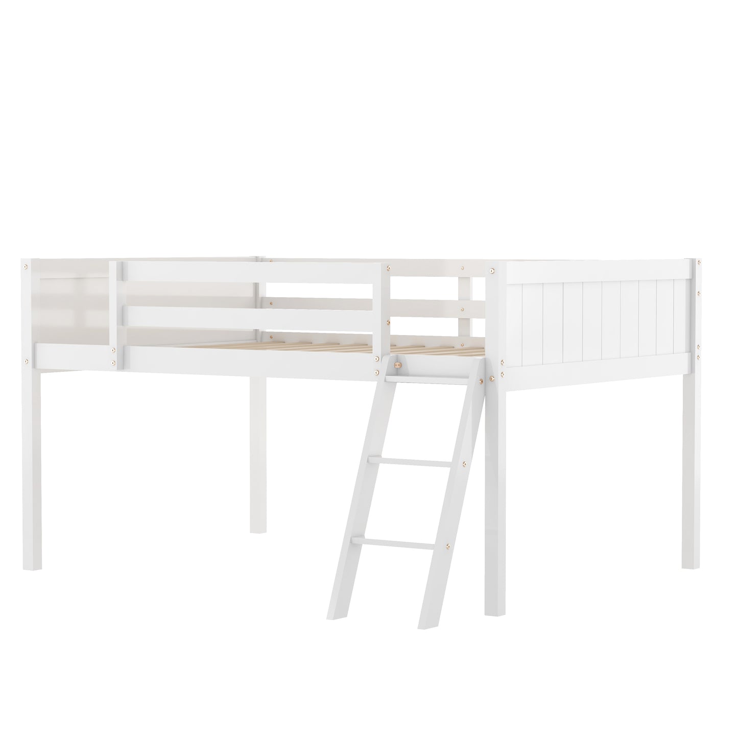 White wooden loft bed with ladder for kids