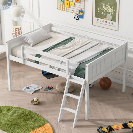 White wooden twin loft bed with ladder and guardrails