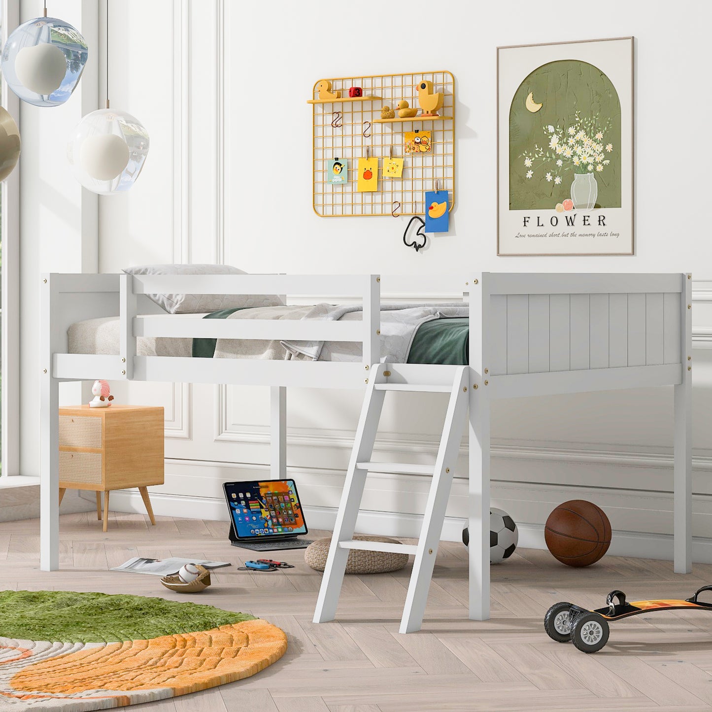 White wooden loft bed with ladder and bedside table