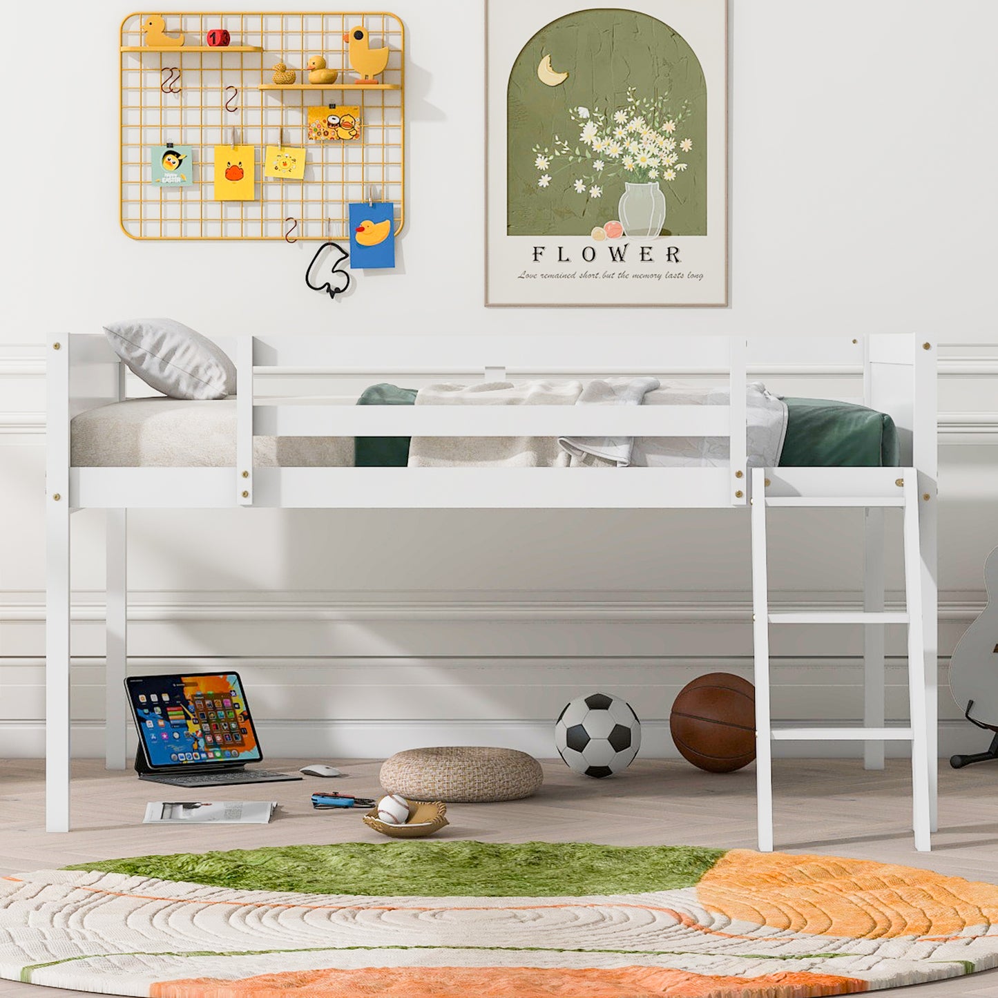 White wooden loft bed with ladder for childrens bedroom