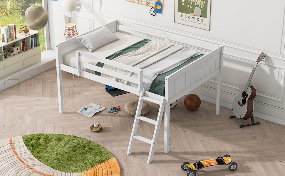 White wooden loft bed with slatted sides and integrated ladder perfect for kids rooms
