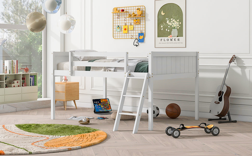 White loft bed with ladder