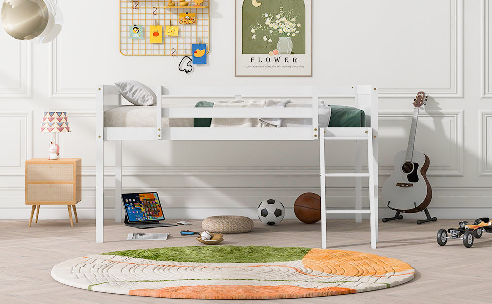 White wooden kids loft bed with safety rails and ladder