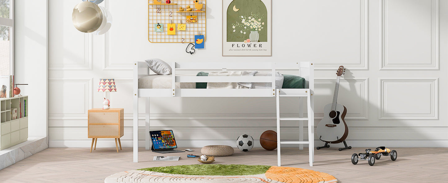 White wooden loft bed with ladder bedding and guardrail for a childs room