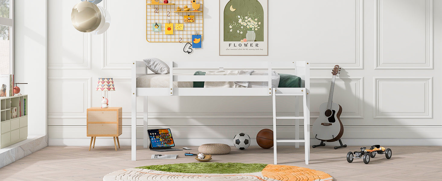 White wooden loft bed with ladder bedding and guardrail for a childs room