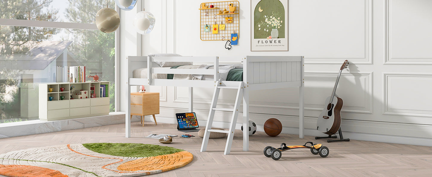 White wooden loft bed with ladder for kids room