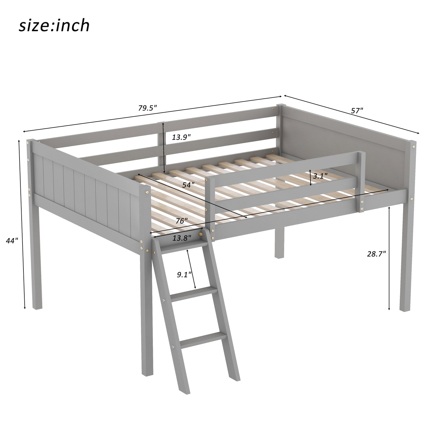 Gray twin loft bed with ladder and dimensions shown
