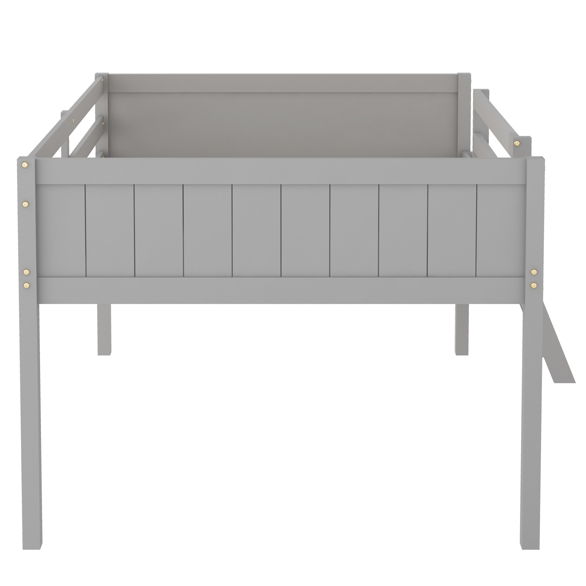 Gray wooden loft bed frame with slatted headboard and footboard