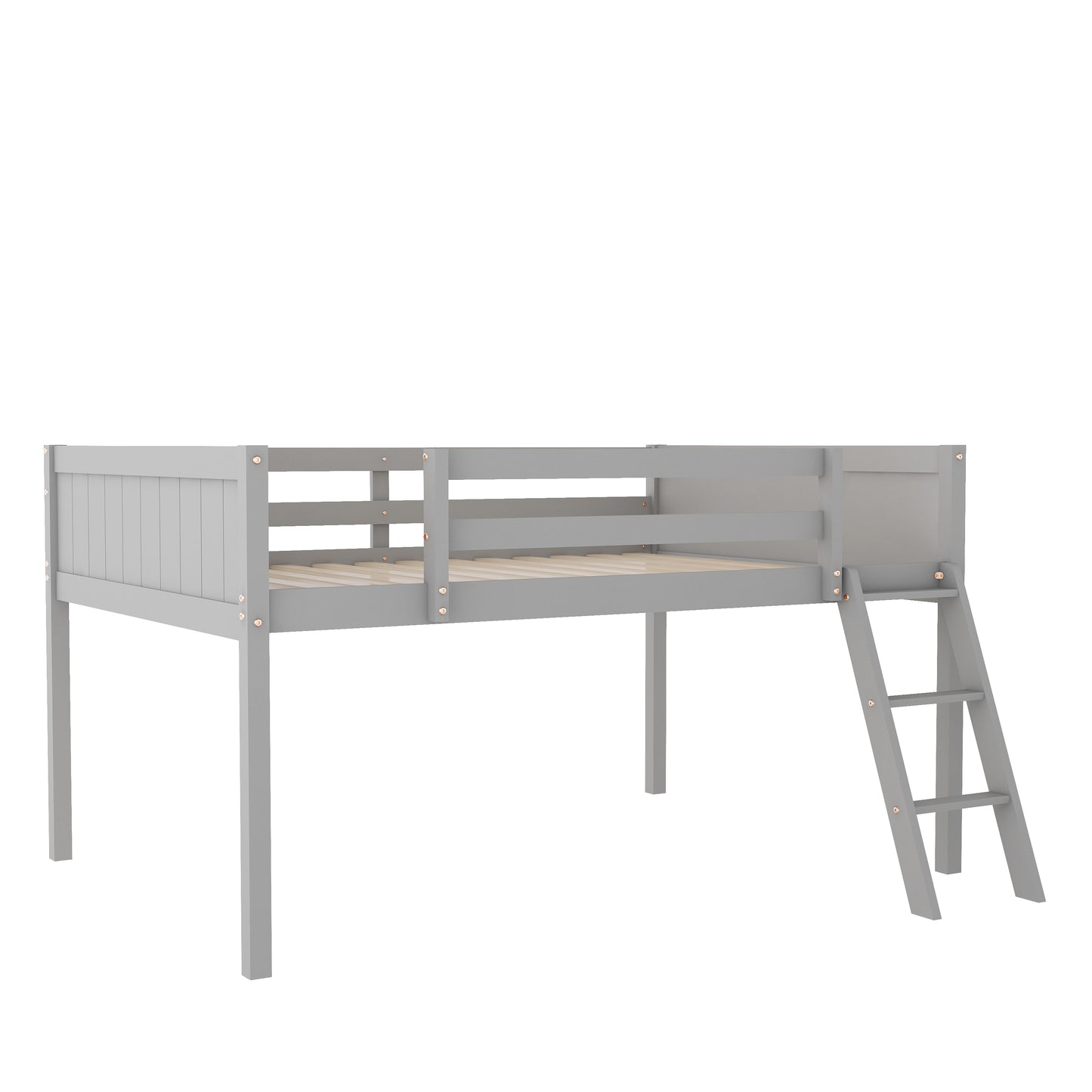 Gray wooden loft bed with ladder for kids