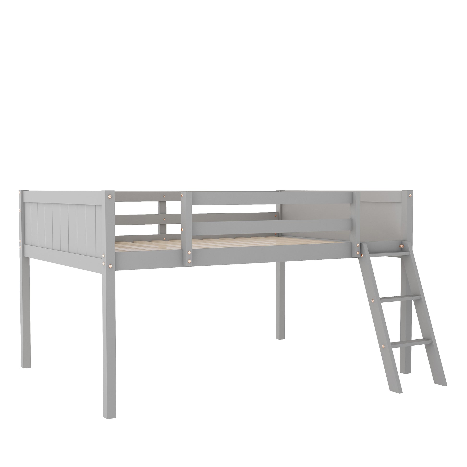 Gray wooden loft bed with ladder for kids