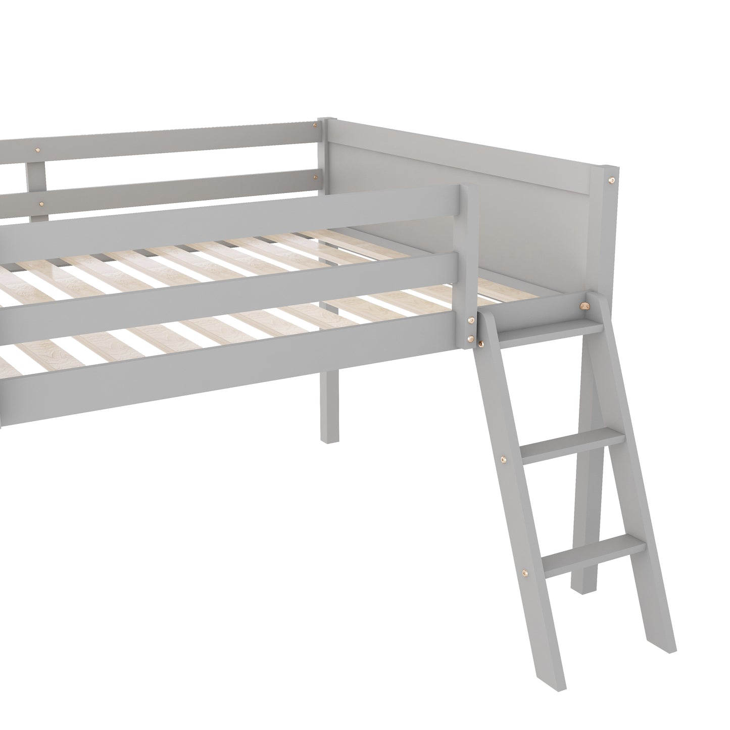Gray wooden loft bed frame with ladder