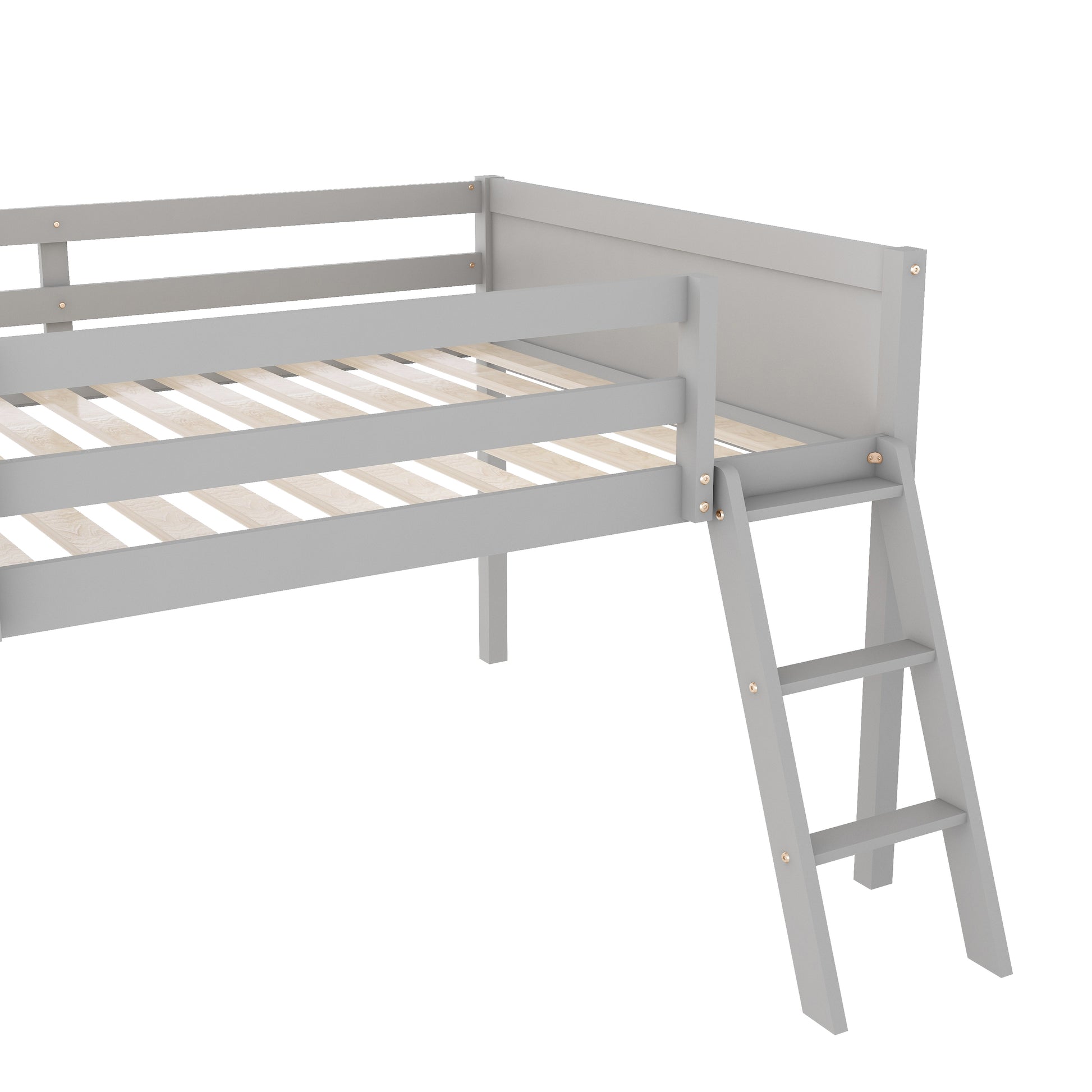 Gray wooden loft bed frame with ladder