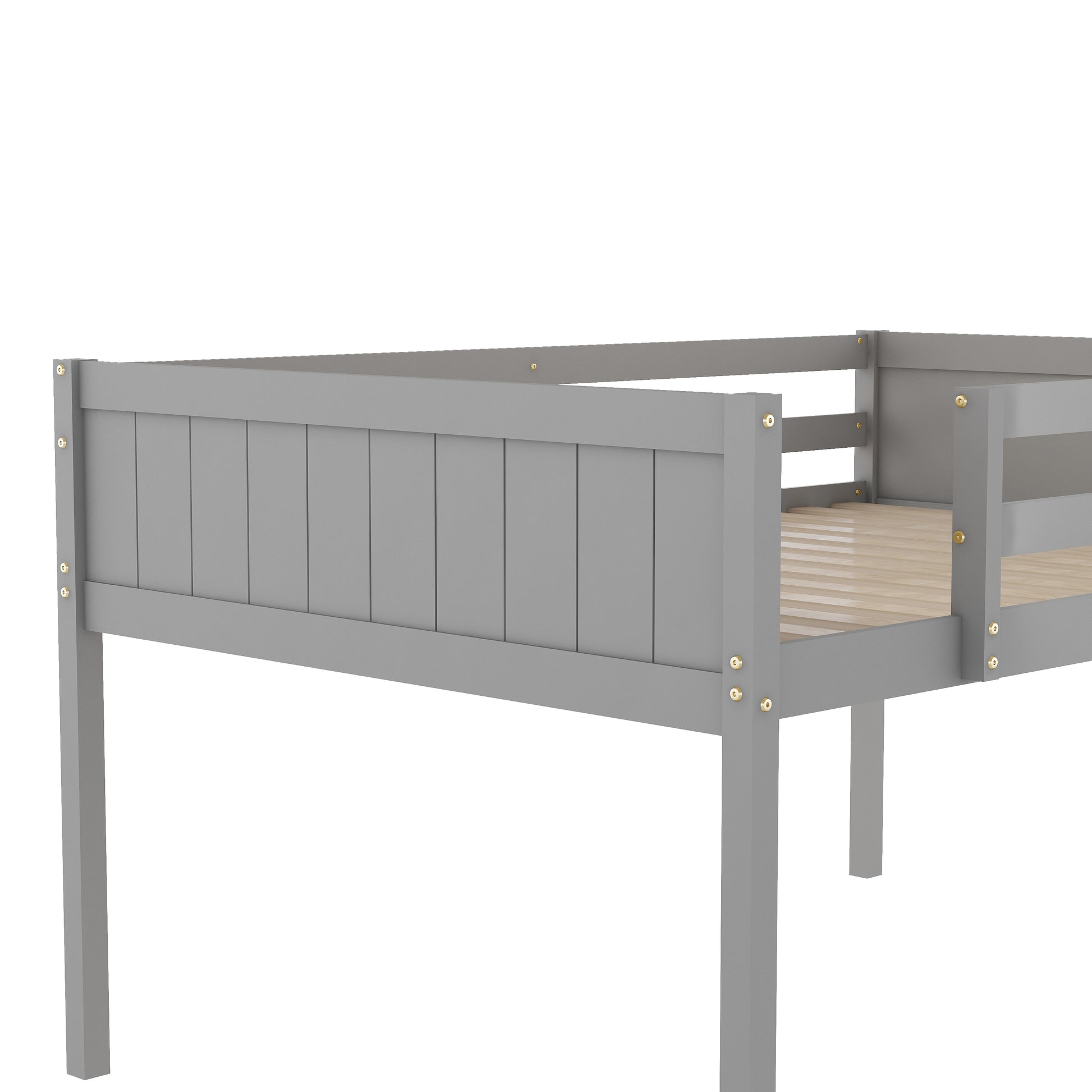 Gray wooden toddler bed frame with panel detailing and slatted base