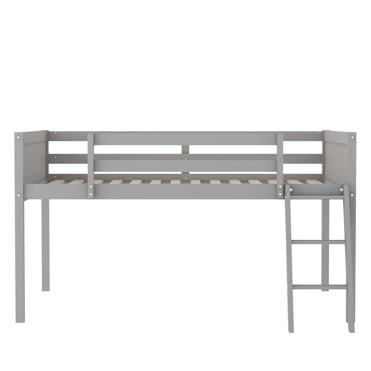 Gray wooden loft bed with safety rails and ladder