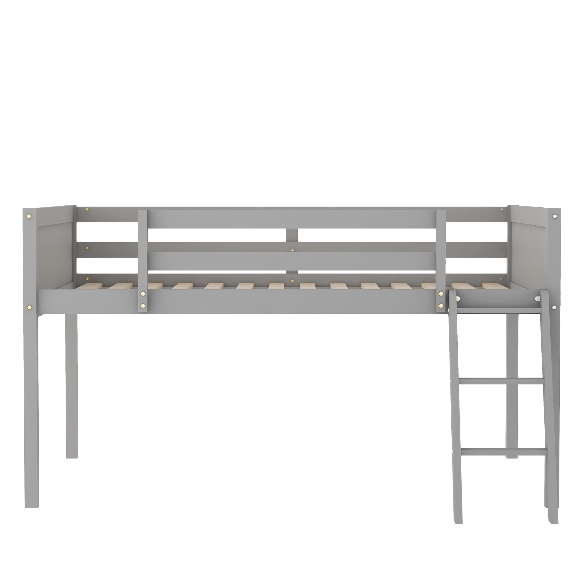 Gray wooden loft bed with safety rails and ladder