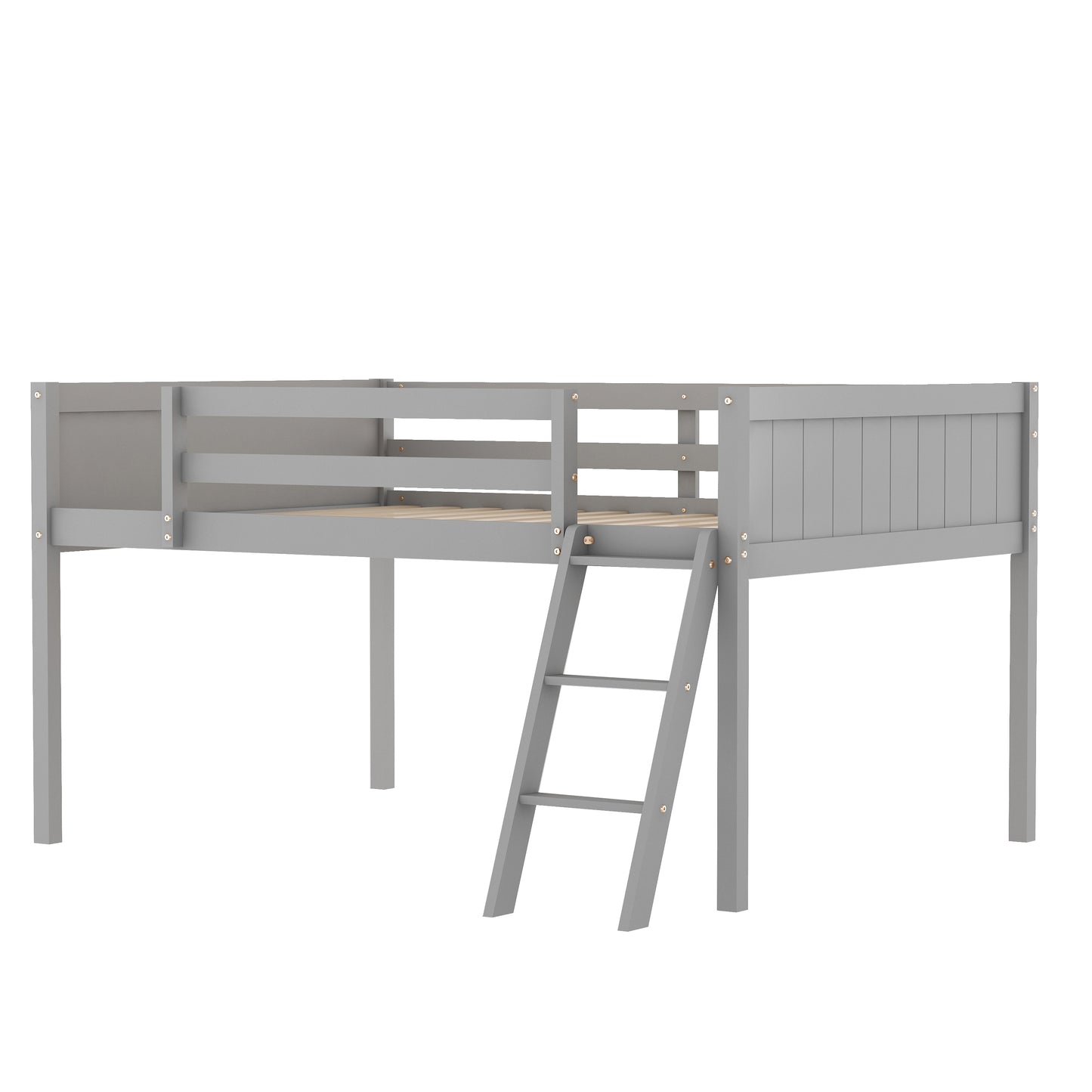 Gray wooden loft bed with ladder for kids