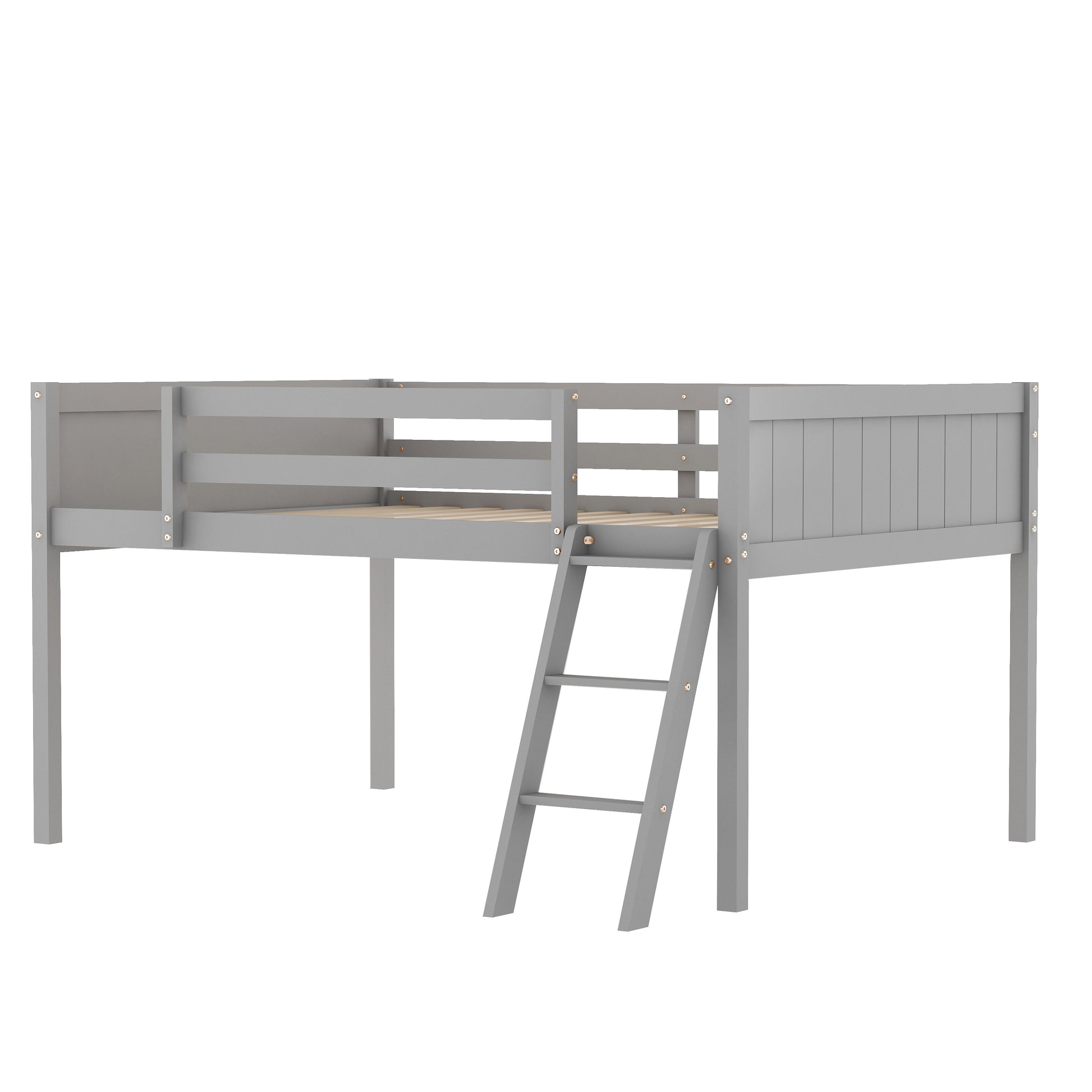 Gray wooden loft bed with ladder for kids