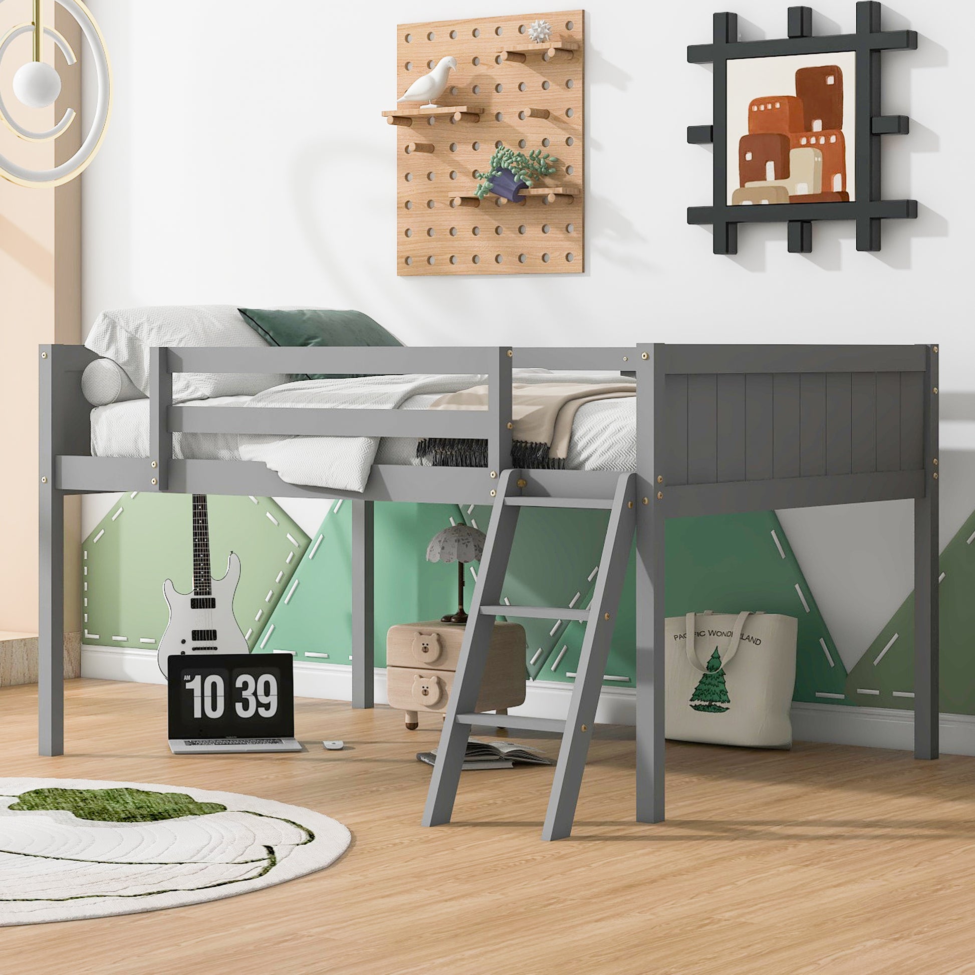 Gray wooden loft bed with ladder and white bedding