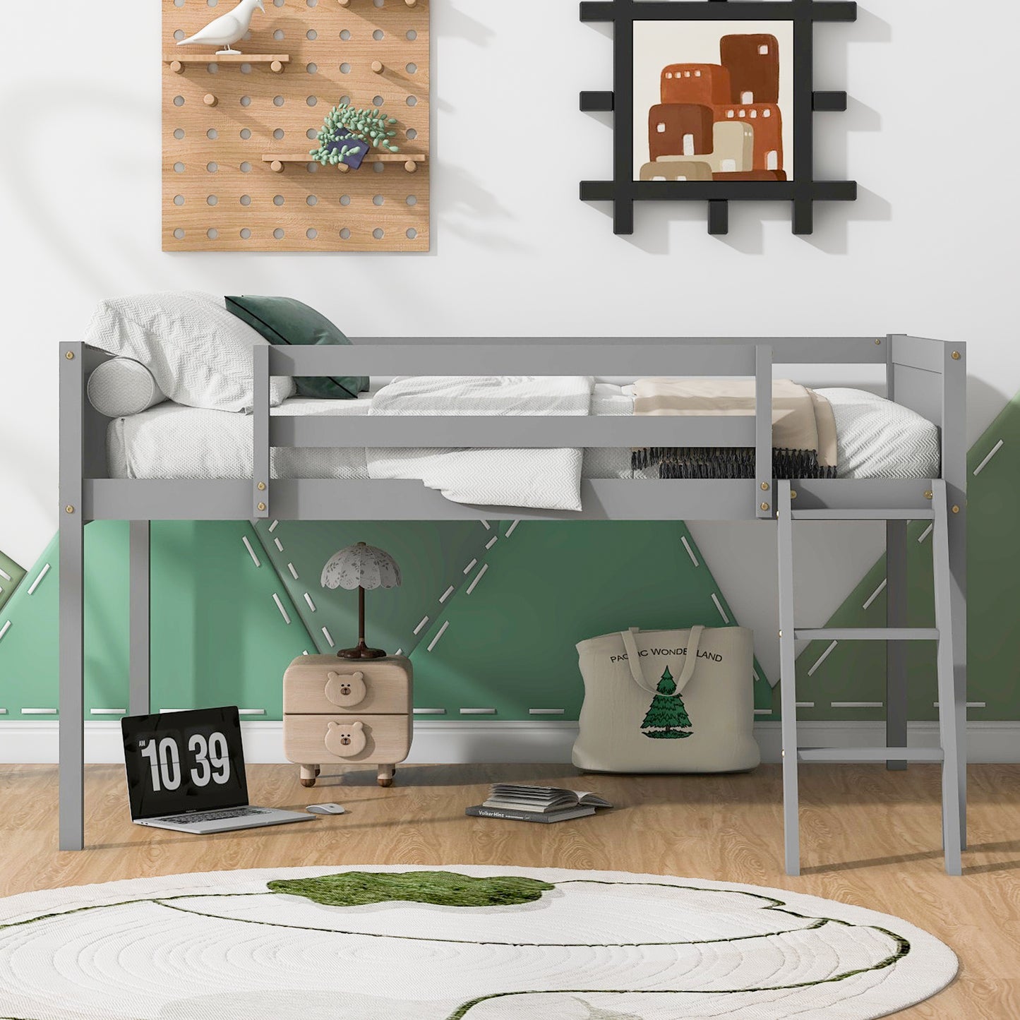 Gray wooden loft bed with white bedding and green pillows