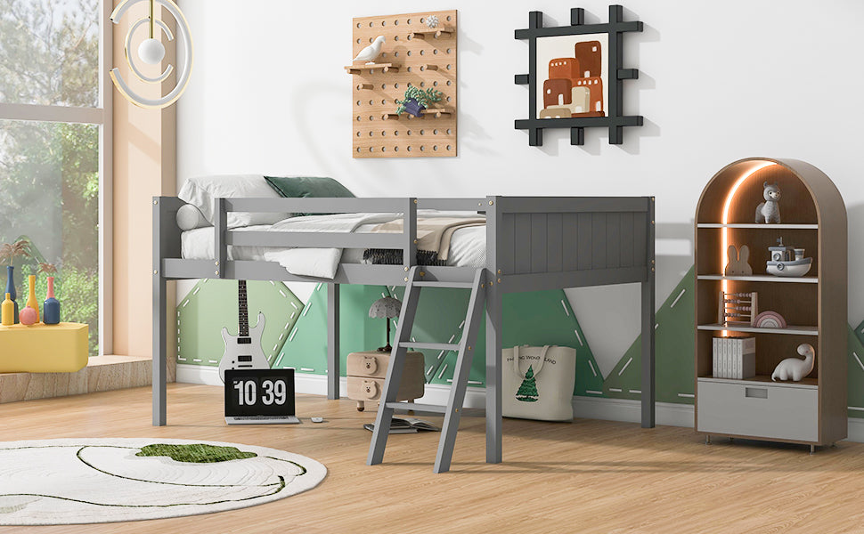 Gray wooden loft bed with ladder
