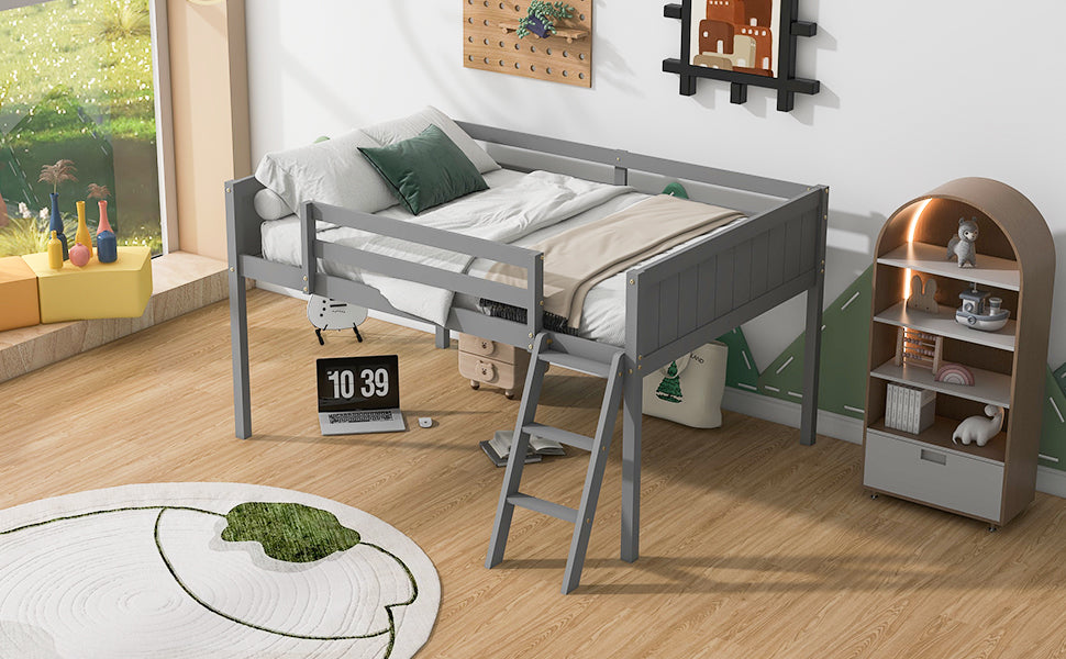 Gray wooden twin loft bed with ladder and white bedding