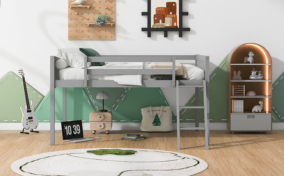 Grey wooden loft bed with ladder and bedding