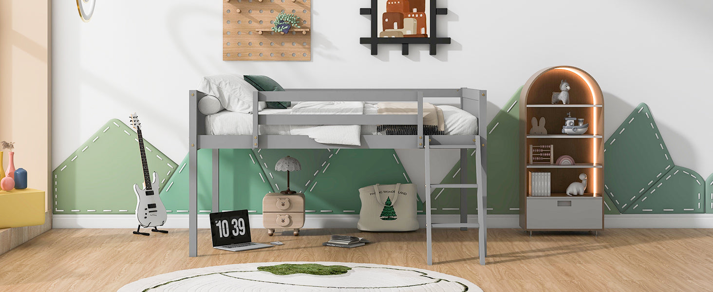 Gray wooden twin loft bed with ladder for kids bedroom