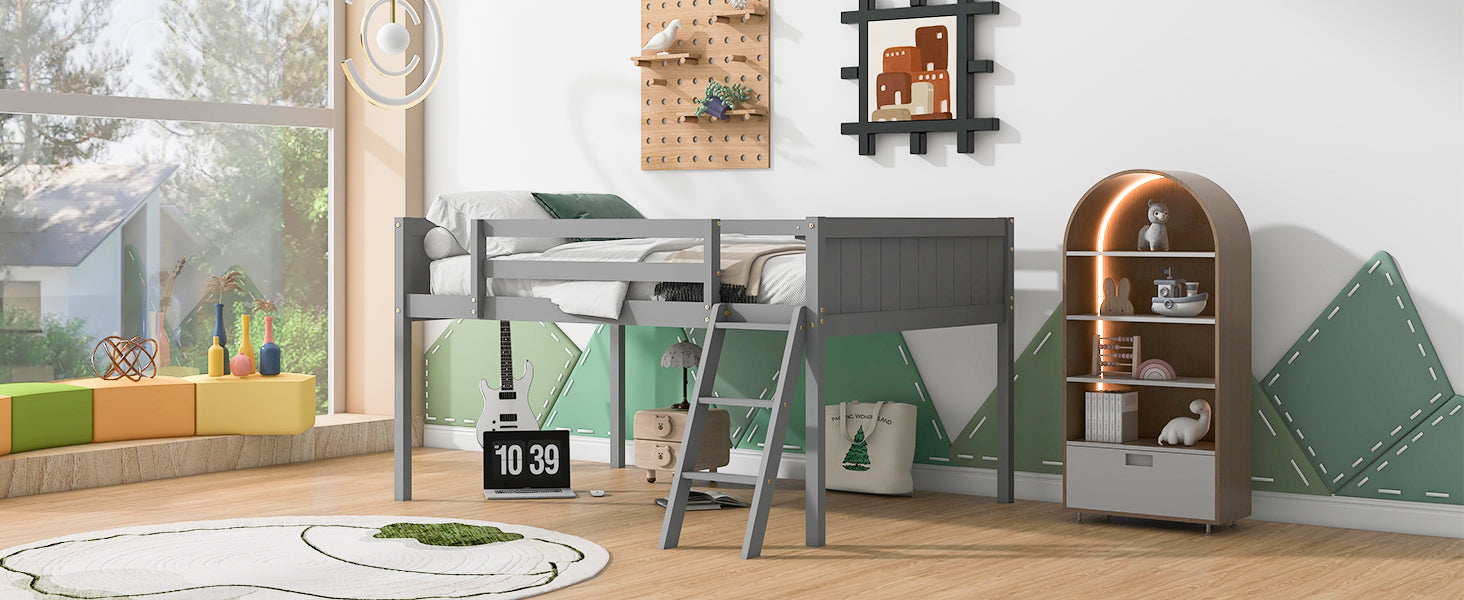 Grey wooden loft bed with ladder and guardrails perfect for a childs bedroom