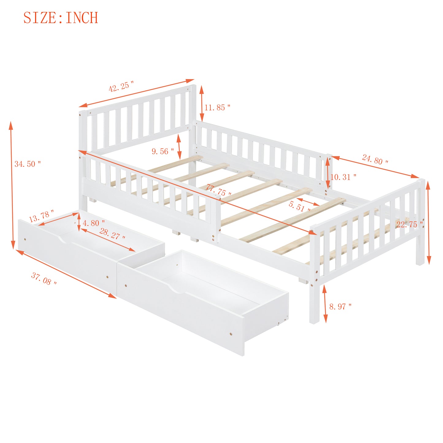 White twin bed frame with drawers for kids