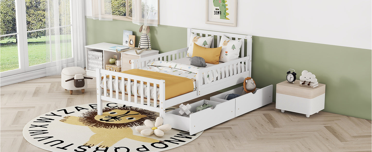 White wooden toddler bed with playful animal bedding and storage drawers
