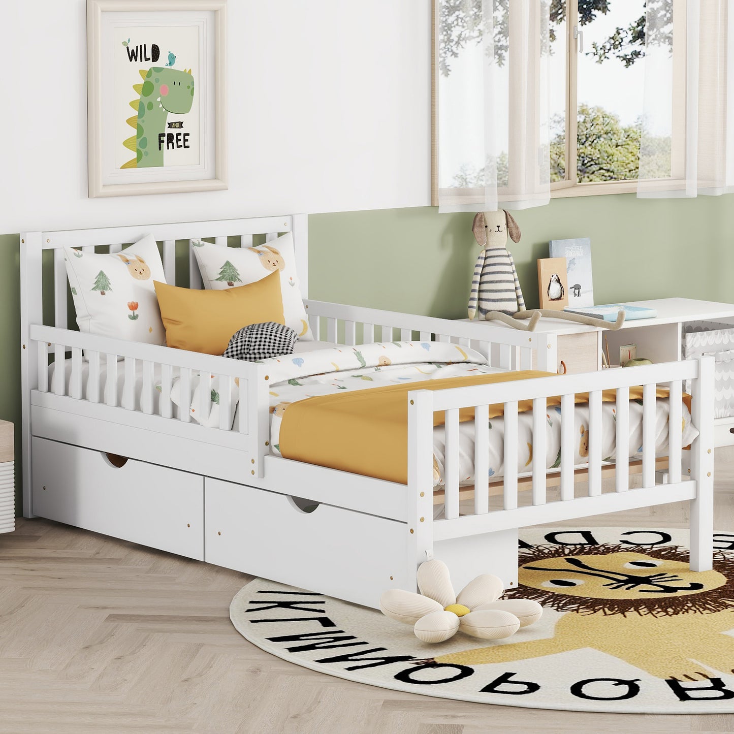 White wooden toddler bed with drawers and safarithemed bedding