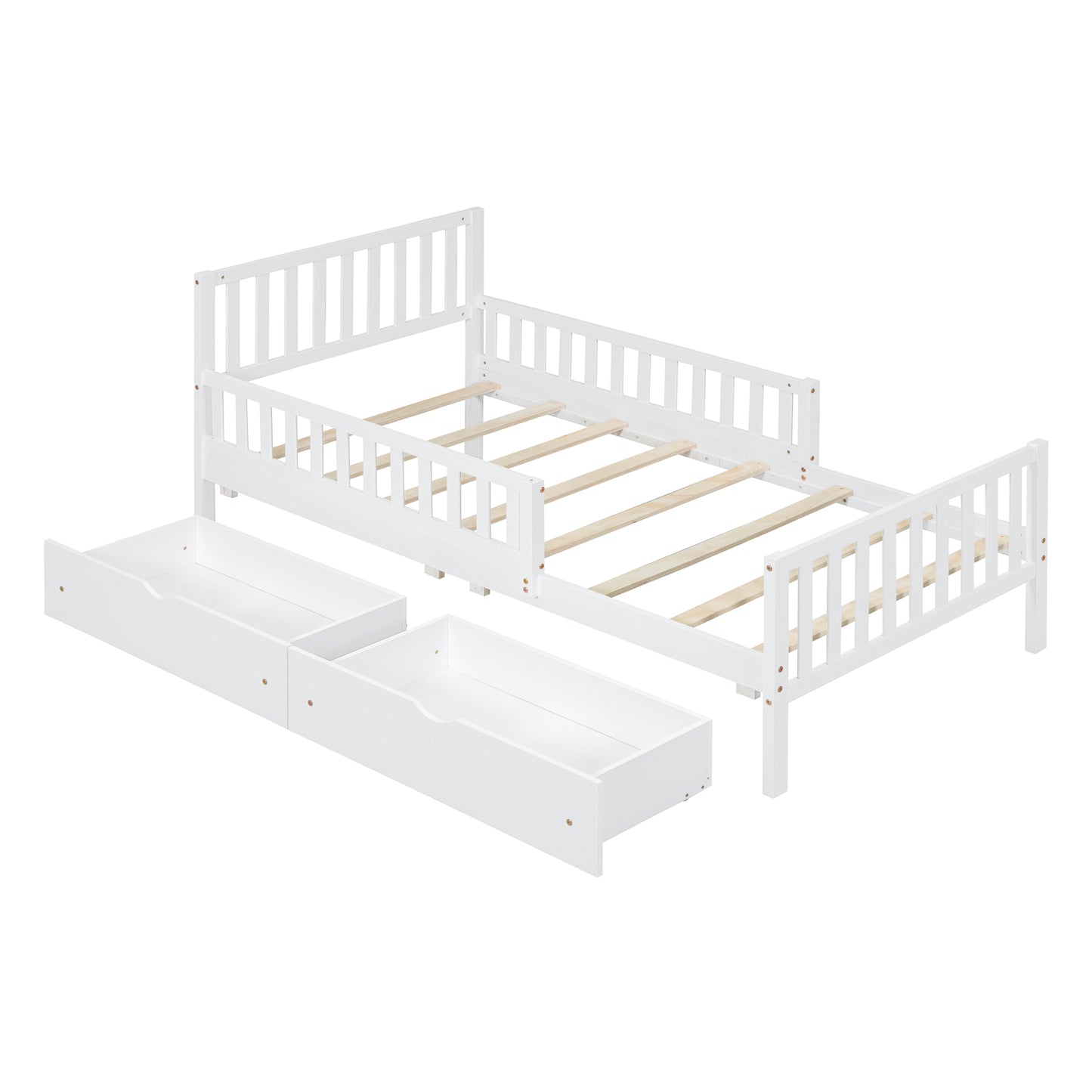 White wooden toddler bed with safety rails and two storage drawers