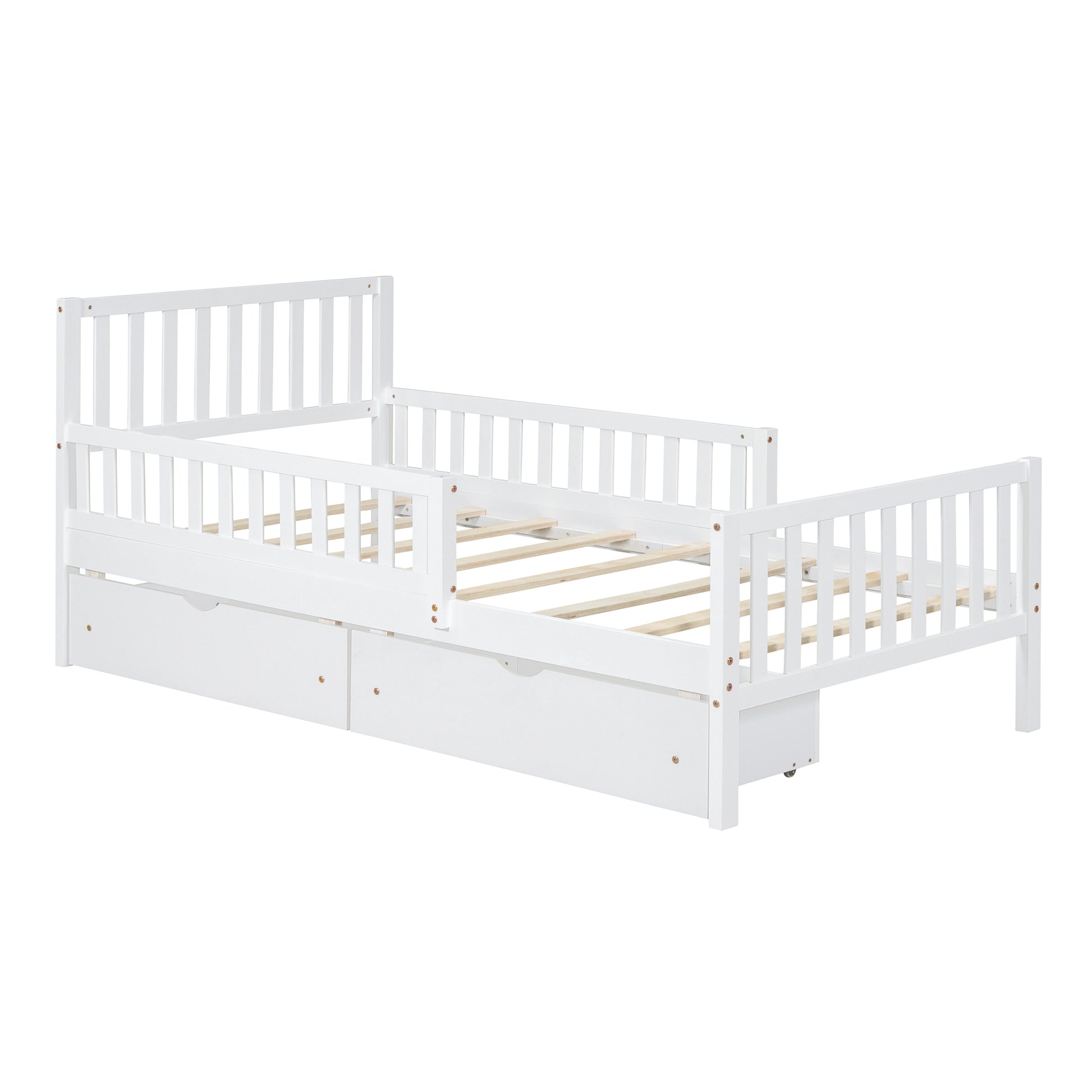 White wooden toddler bed with rails and two storage drawers