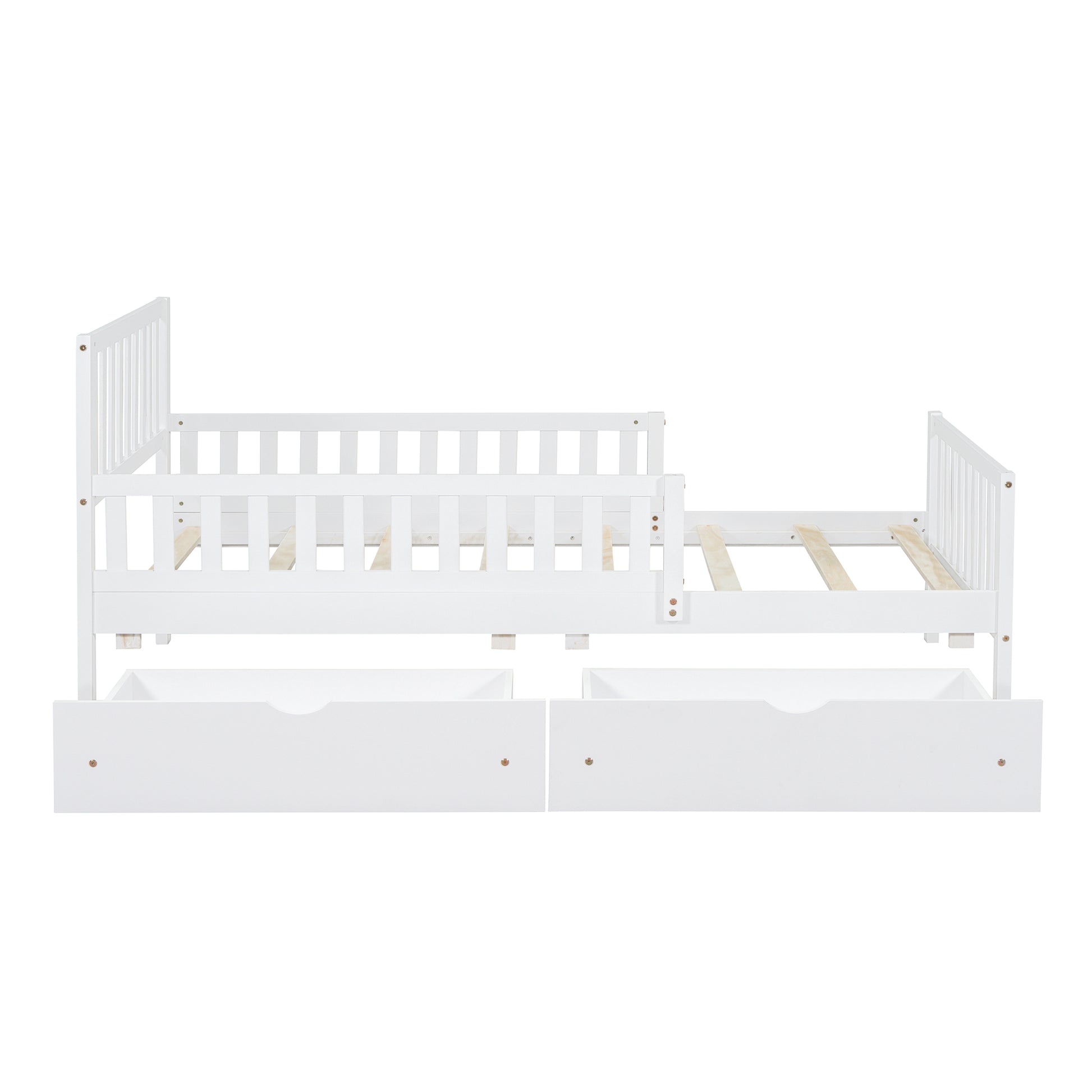 White toddler bed with safety rails and two storage drawers