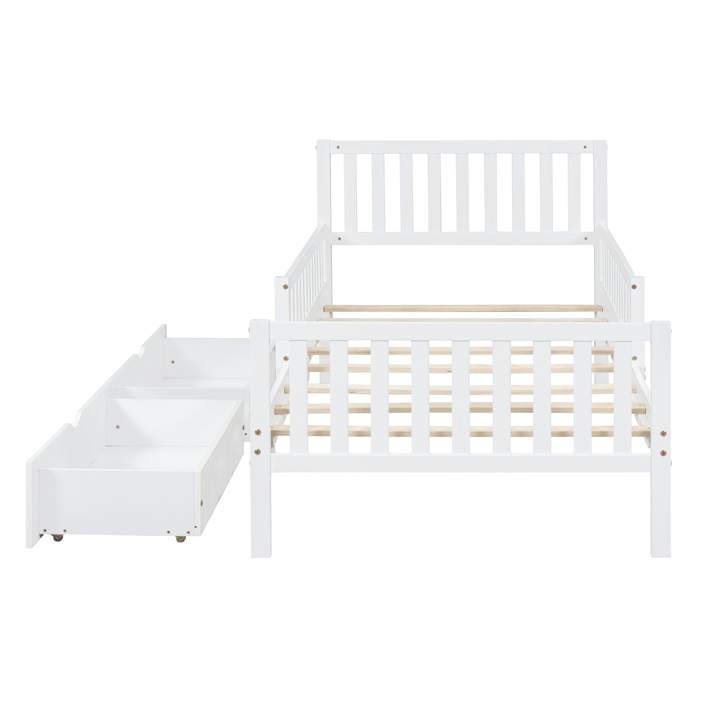 White wooden twin bed frame with three pullout storage drawers