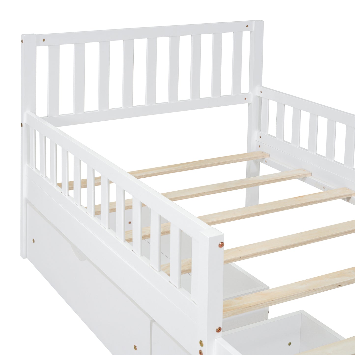 White wooden toddler bed frame with safety rails and drawers