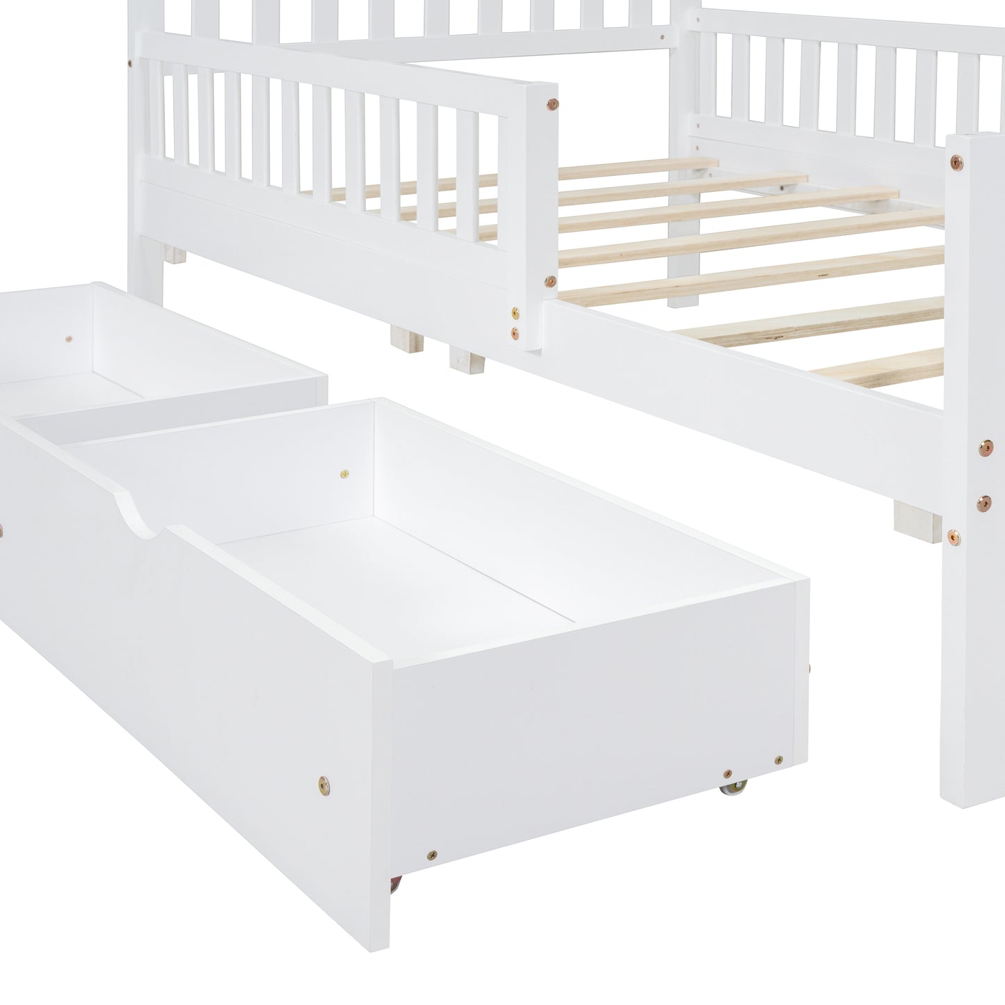 White wooden bed frame with pullout storage drawer