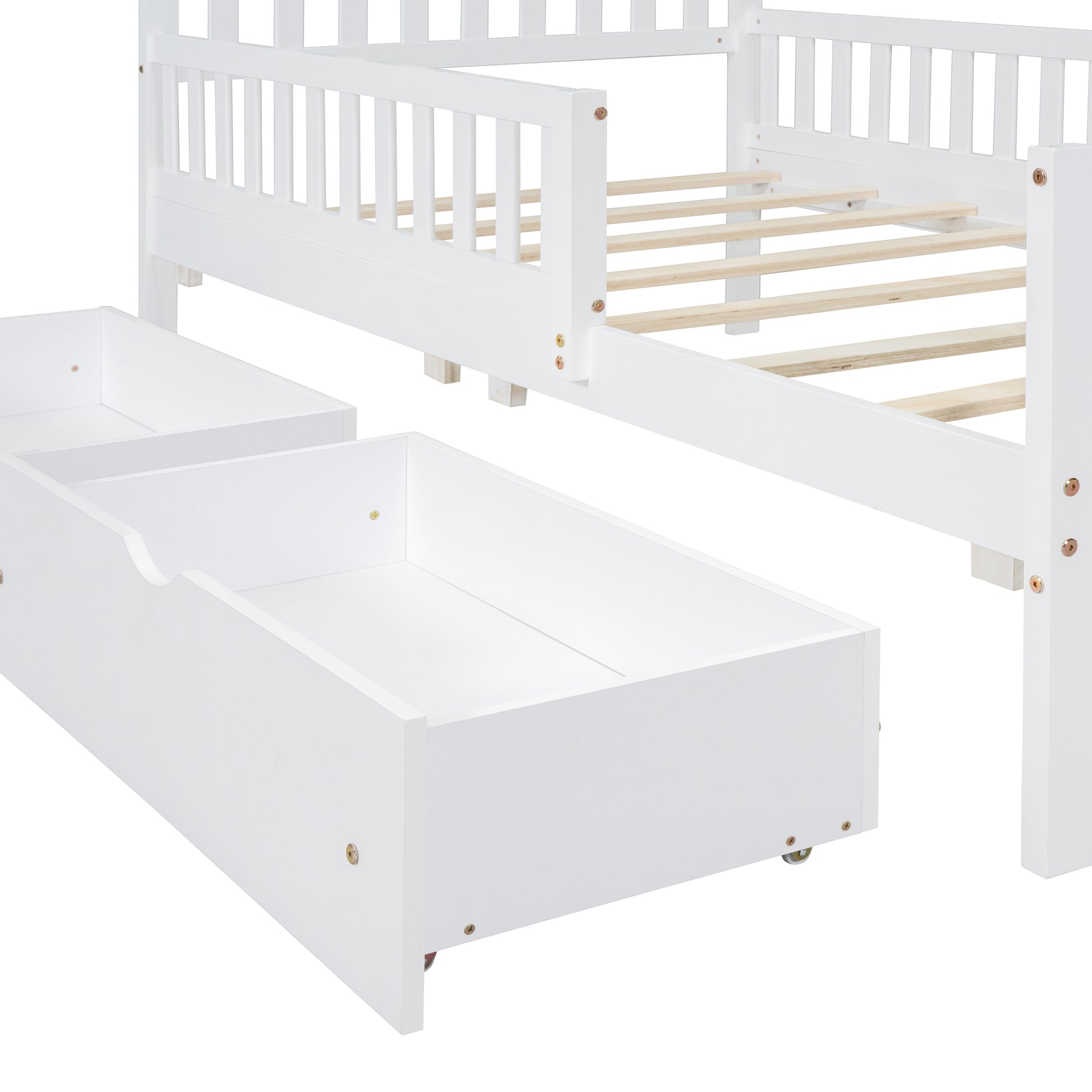 White wooden bed frame with pullout storage drawer