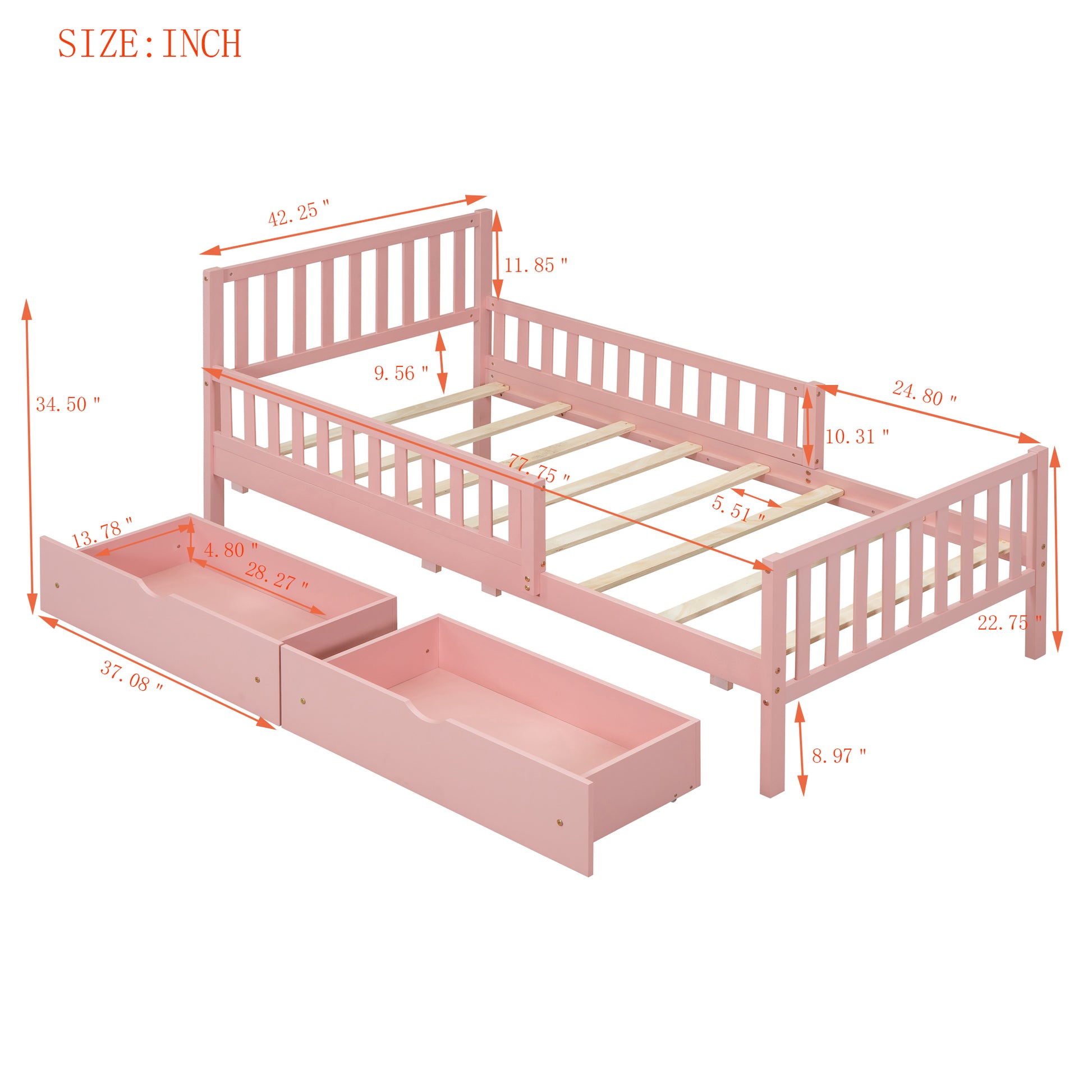 Pink wooden toddler bed frame with safety rails and two storage drawers
