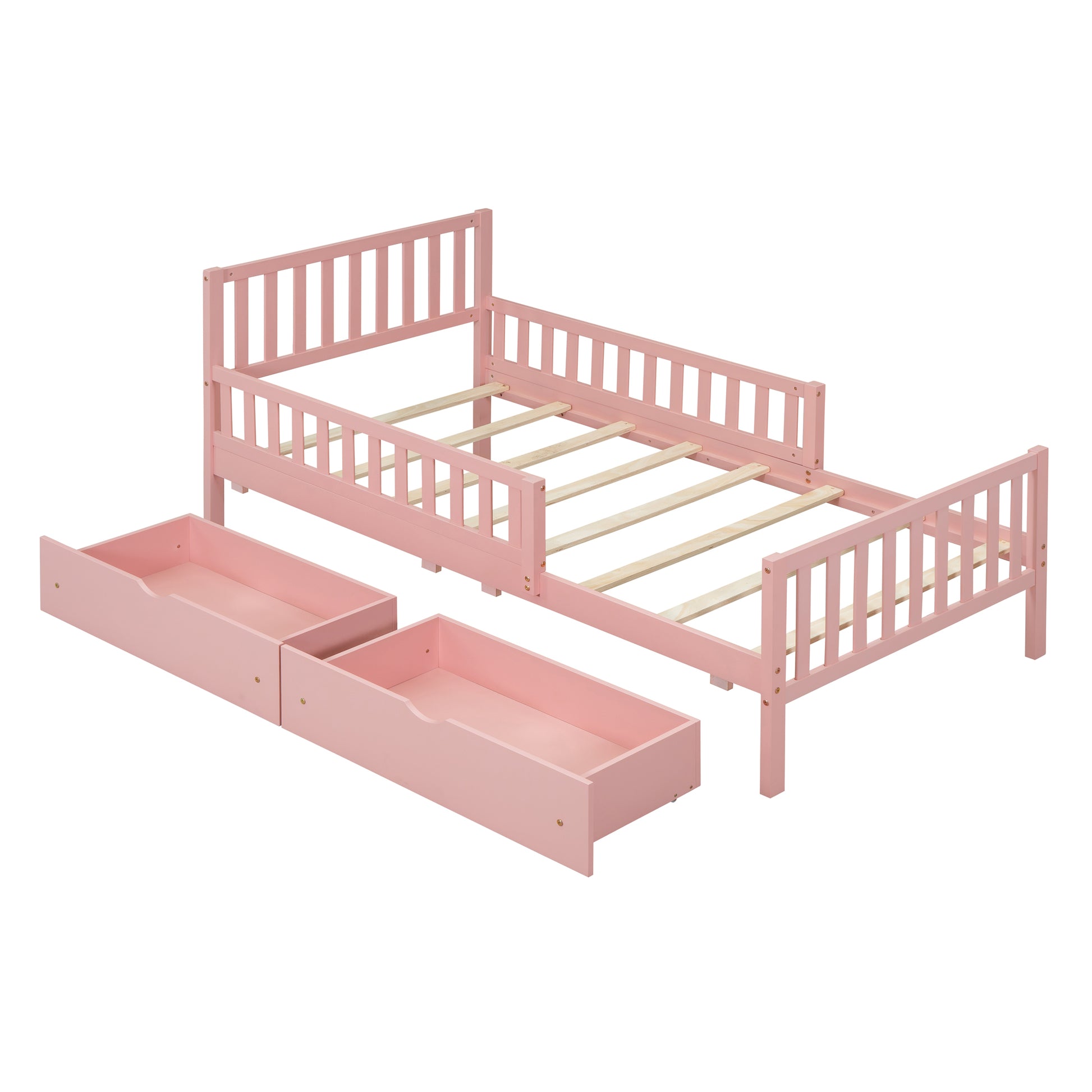 Pink wooden toddler bed with two storage drawers