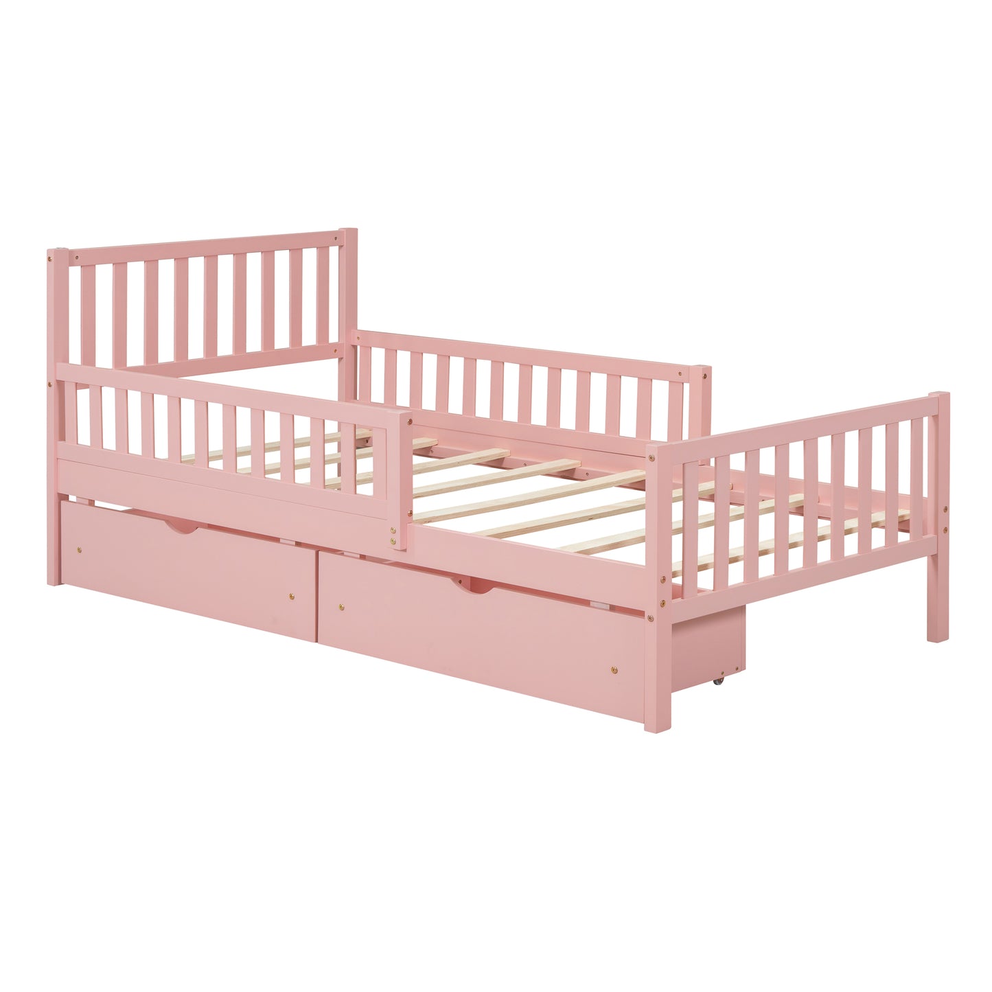 Pink twin bed frame with guardrails and drawers