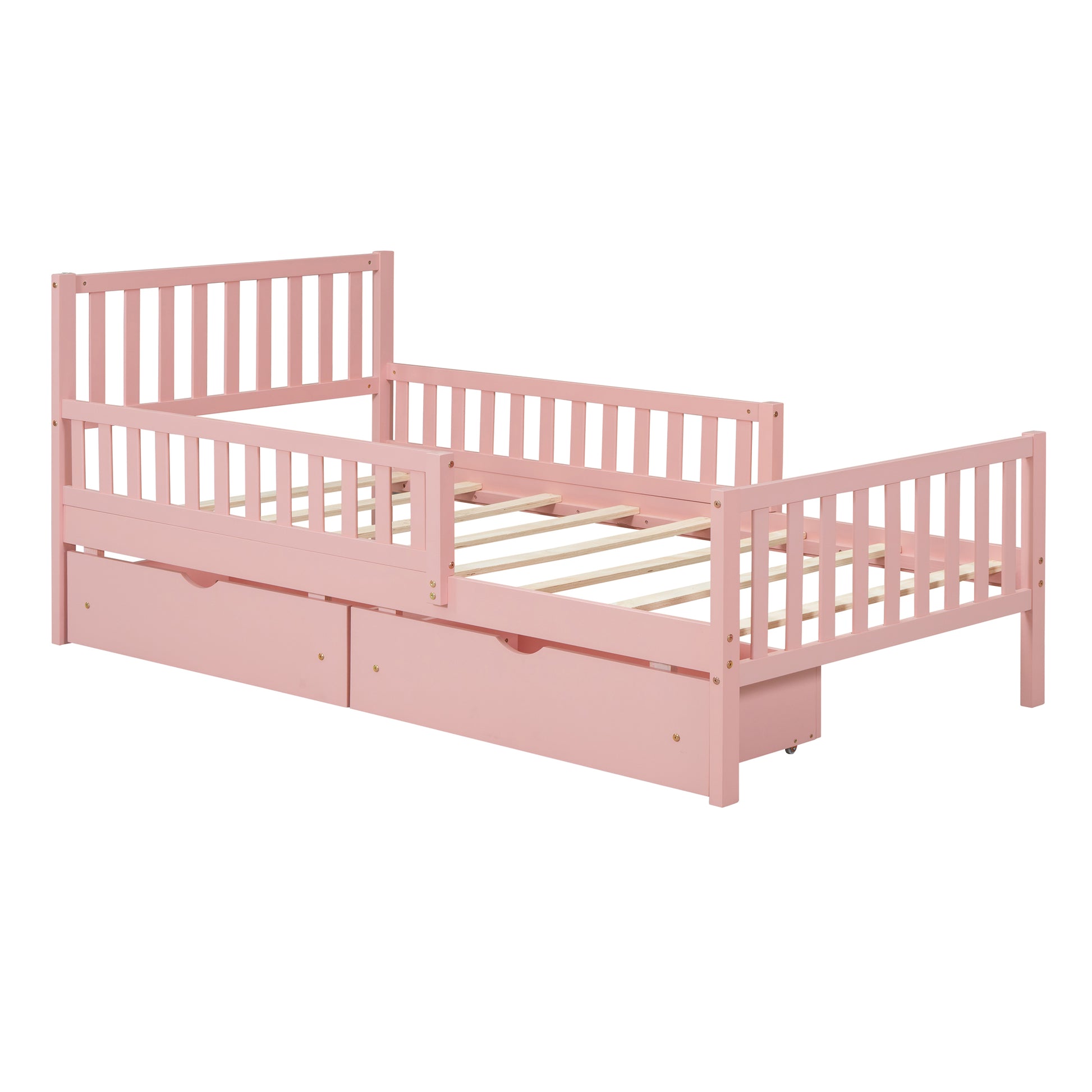 Pink twin bed frame with guardrails and drawers